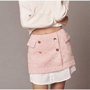NWT Anthropologie Maeve Mini Skirt 12 Pink Layered Tweed Gold Button Preppy Whit